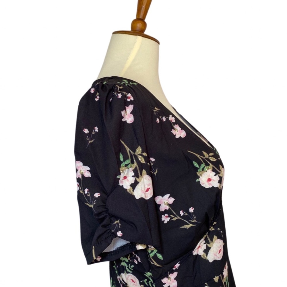 Boho Black Floral Short Sleeve Chiffon Mini Dress - Picture 12 of 16